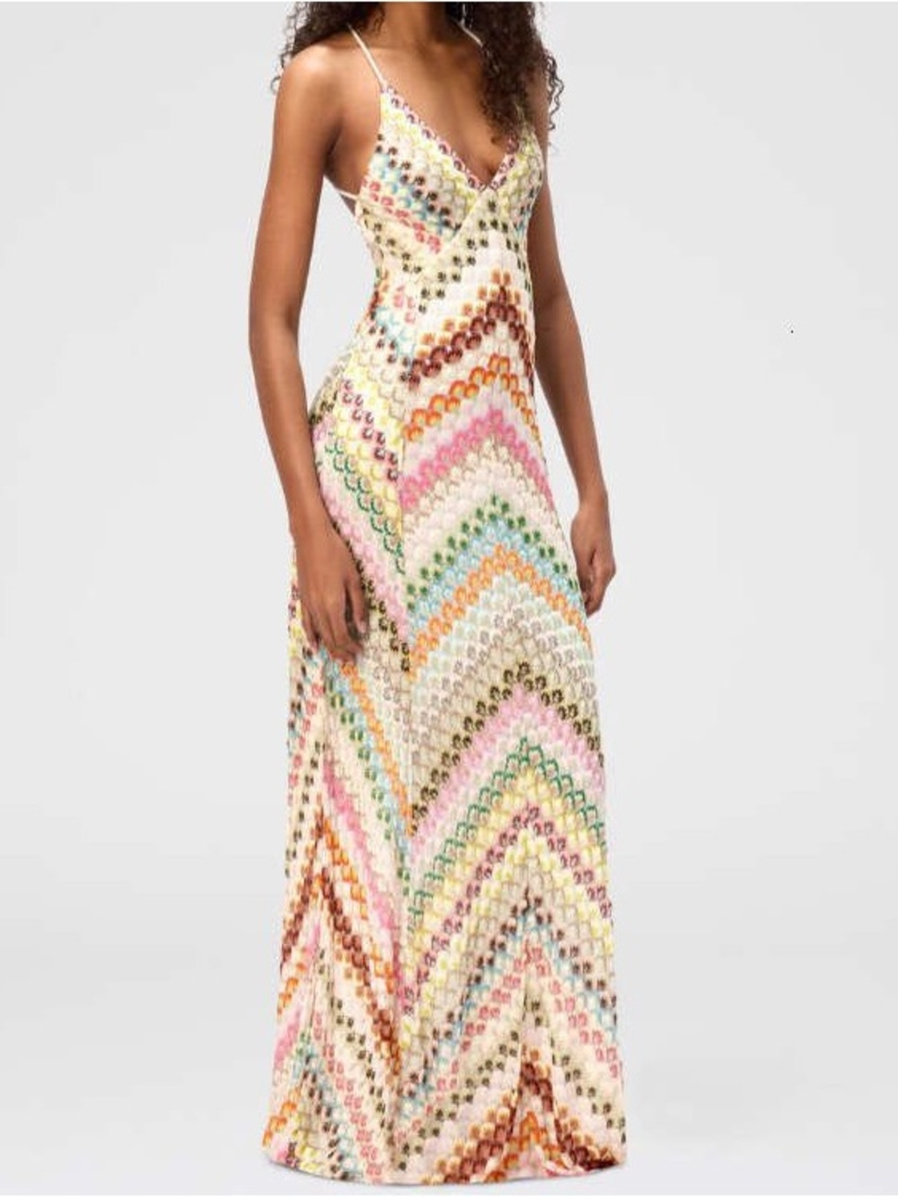 V-Neck Chevron Maxi Dress in Cream with Pastel Accents